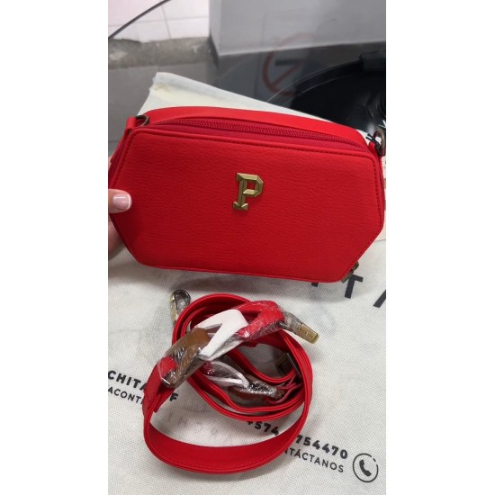Red Pebbled Crossbody Bag with Gold Tone Hardware