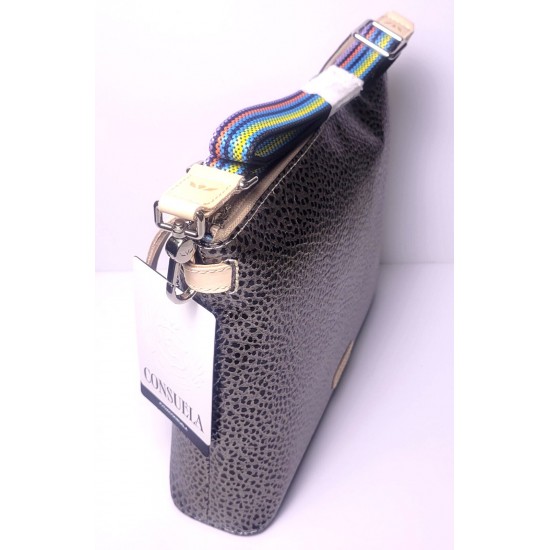 Animal Print Crossbody Bag with Multicolor Striped Shoulder Strap, Metallic Finish, Zipper Closure
