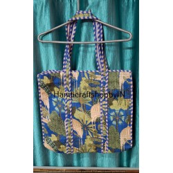 Quilted Cotton Tote Bag, Blue Floral Block Print, Shoulder Straps