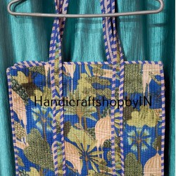 Quilted Cotton Tote Bag, Blue Floral Block Print, Shoulder Straps
