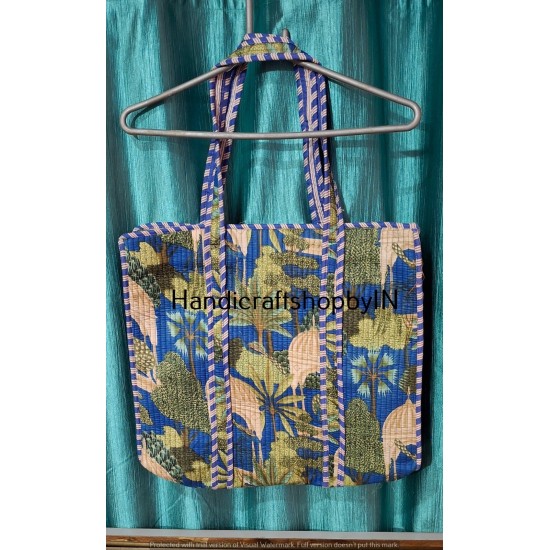Quilted Cotton Tote Bag, Blue Floral Block Print, Shoulder Straps