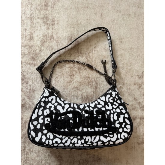 Animal Print Shoulder Bag with Chain Strap, Black and White Faux Leather, Zip Closure