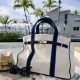 Large Canvas Tote Bag, Natural Beige with Navy Trim and Gold-Tone Lock
