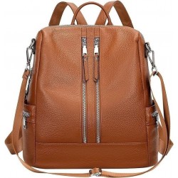 Convertible Faux Leather Backpack Shoulder Bag, Brown, Dual Zipper, Top Handle