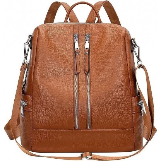 Convertible Faux Leather Backpack Shoulder Bag, Brown, Dual Zipper, Top Handle
