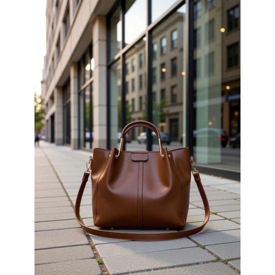 Brown Leather Tote Shoulder Bag with Top Handles and Detachable Strap