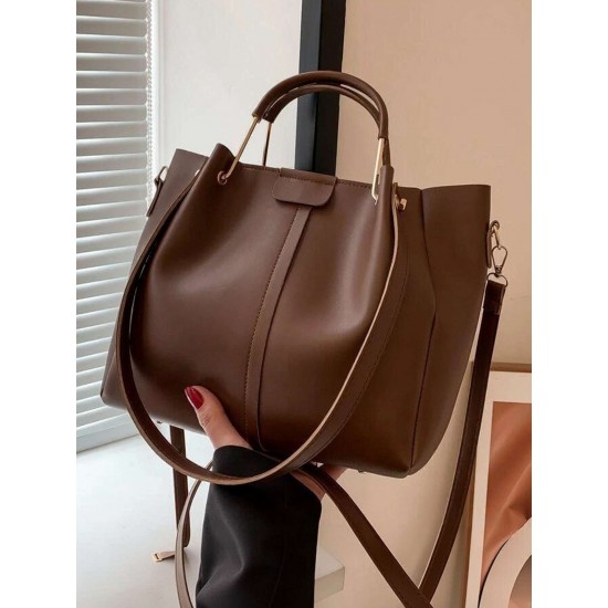 Brown Leather Tote Shoulder Bag with Top Handles and Detachable Strap