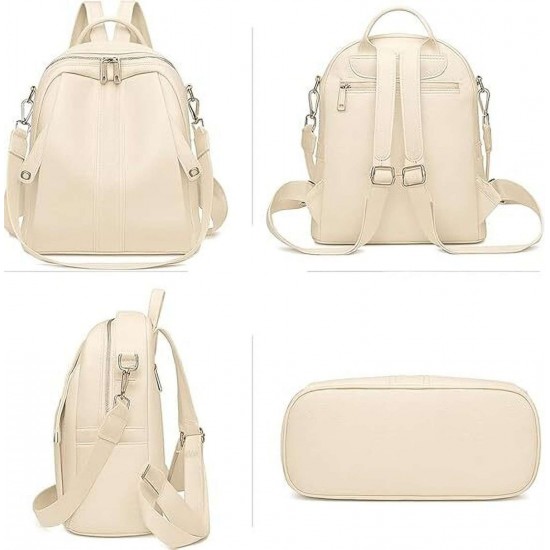 Leather Laptop Backpack, 25L, Beige, Zipper Closure, Convertible Shoulder Straps