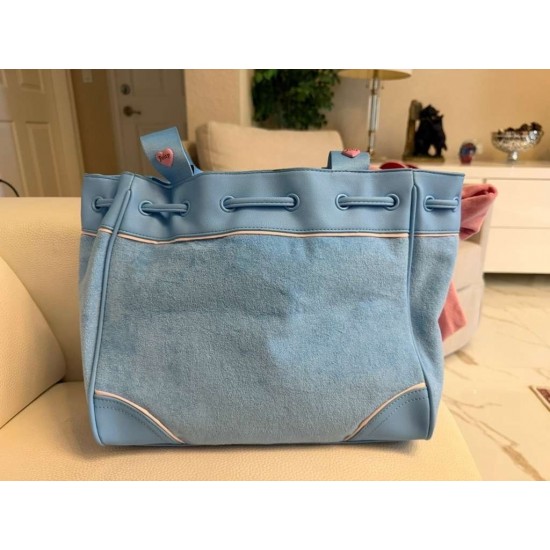 Blue Canvas Tote Bag with Strawberry Embroidery, Pink Bow and Coin Purse