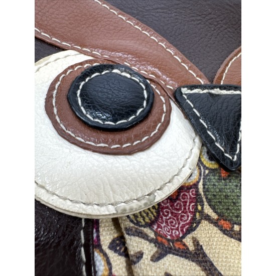Owl Wristlet Clutch Purse, Faux Leather, Multicolor Patchwork Print, Small Size