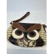 Owl Wristlet Clutch Purse, Faux Leather, Multicolor Patchwork Print, Small Size