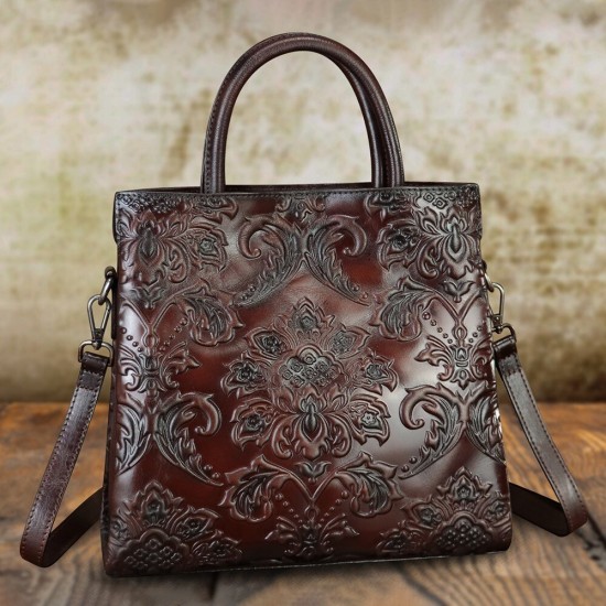 Embossed Leather Tote Handbag with Crossbody Strap, Floral Pattern, Multiple Colors