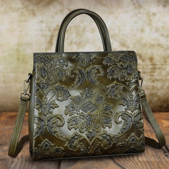 Embossed Leather Tote Handbag with Crossbody Strap, Floral Pattern, Multiple Colors