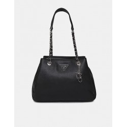 Black Textured Faux Leather Chain Strap Tote Satchel Handbag