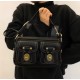 Black Faux Leather Shoulder Bag with Double Front Pockets and Gold-Tone Hardware